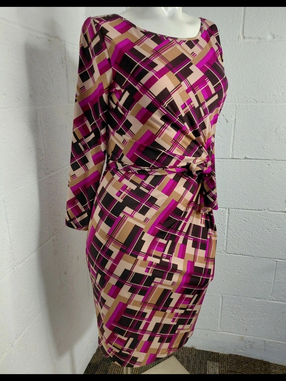 Anne Klein Abstract Plaid Tie-Detail Dress in Pink and Beige